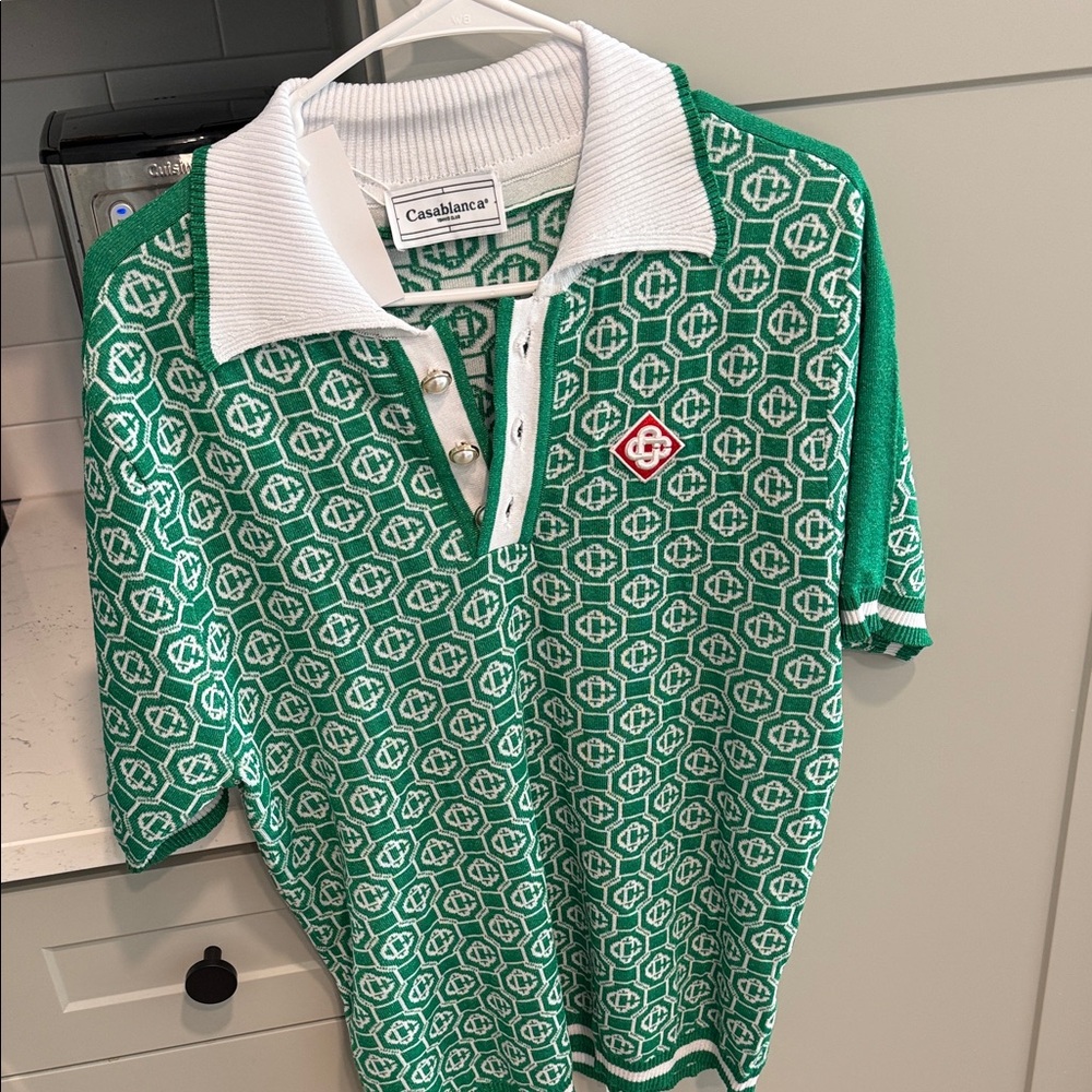Casablanca Green & White Knit Polo Shirt